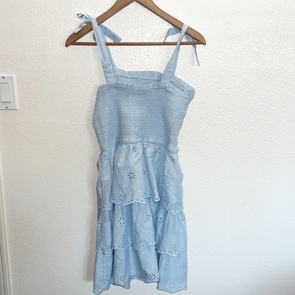 Sincerely Jules Light Blue Smocked Tiered Floral Tank Top Tie Strap Mini Dress - Picture 9 of 9